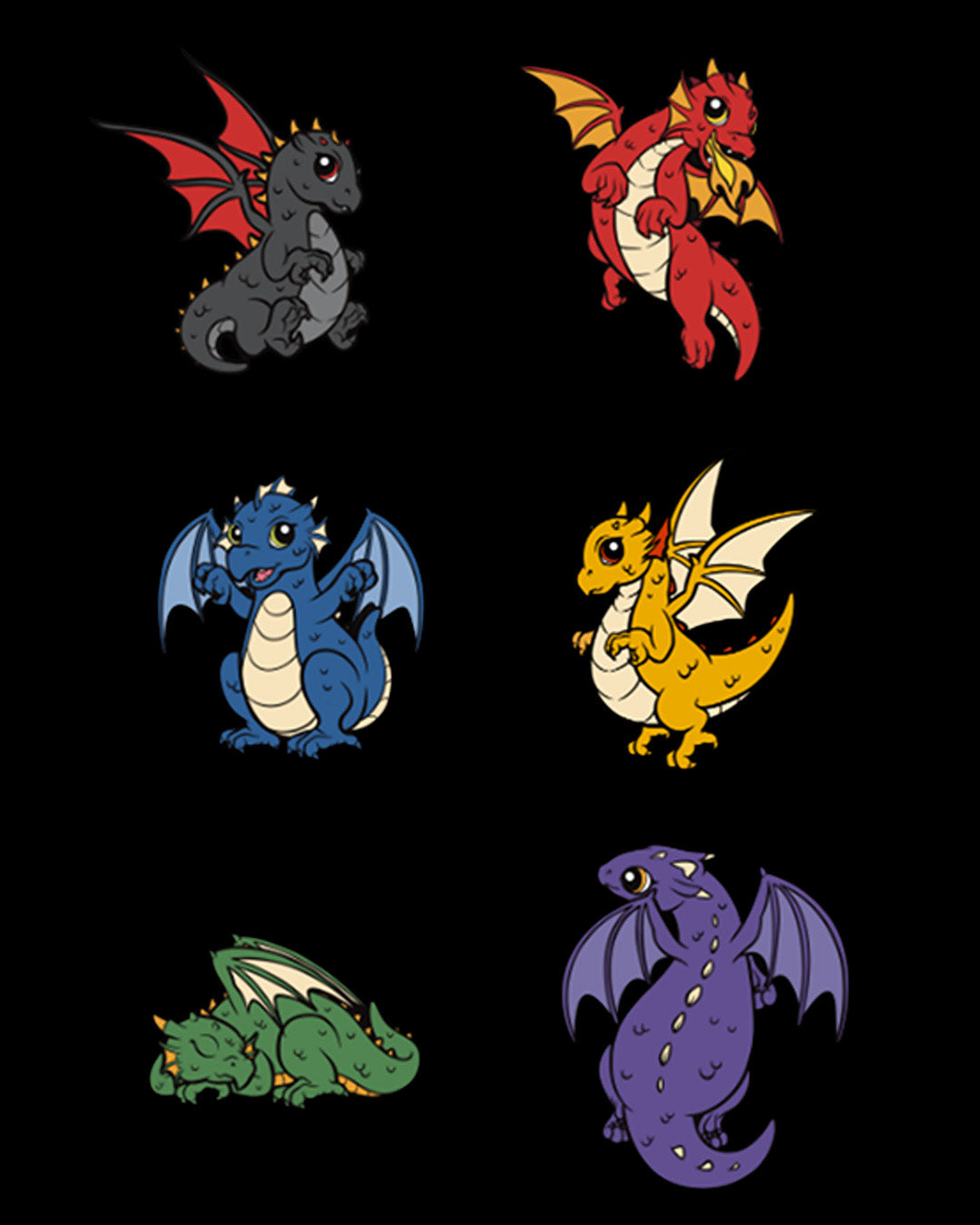 Set of colorful dragon illustrations on a black background