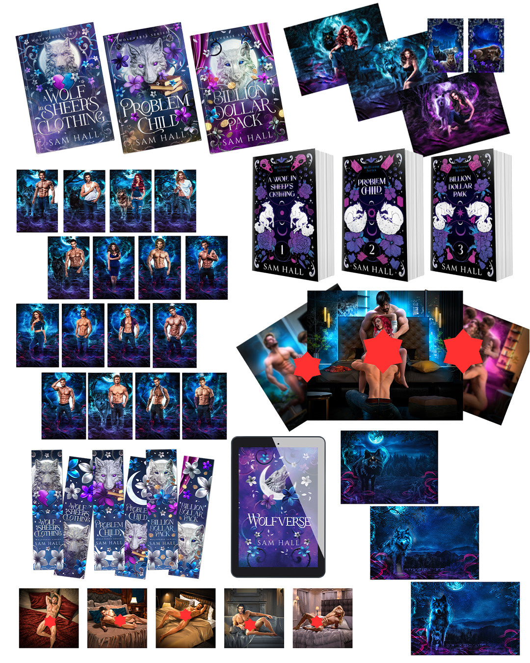 Collection of Sam Hall book covers with various titles and covers displayed.