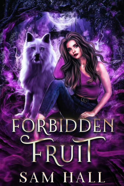 Book cover of 'Forbidden Fruit' featuring a woman and a white wolf against a purple background.