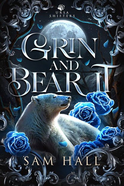 Cover of the book 'Grin And Bear It' featuring a polar bear and blue roses with a dark, moonlit background.