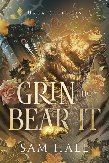 Cover of the book 'Grin and Bear It' by Sam Hall featuring a gold foil illustration of a bear on a book with a fantasy-themed background.