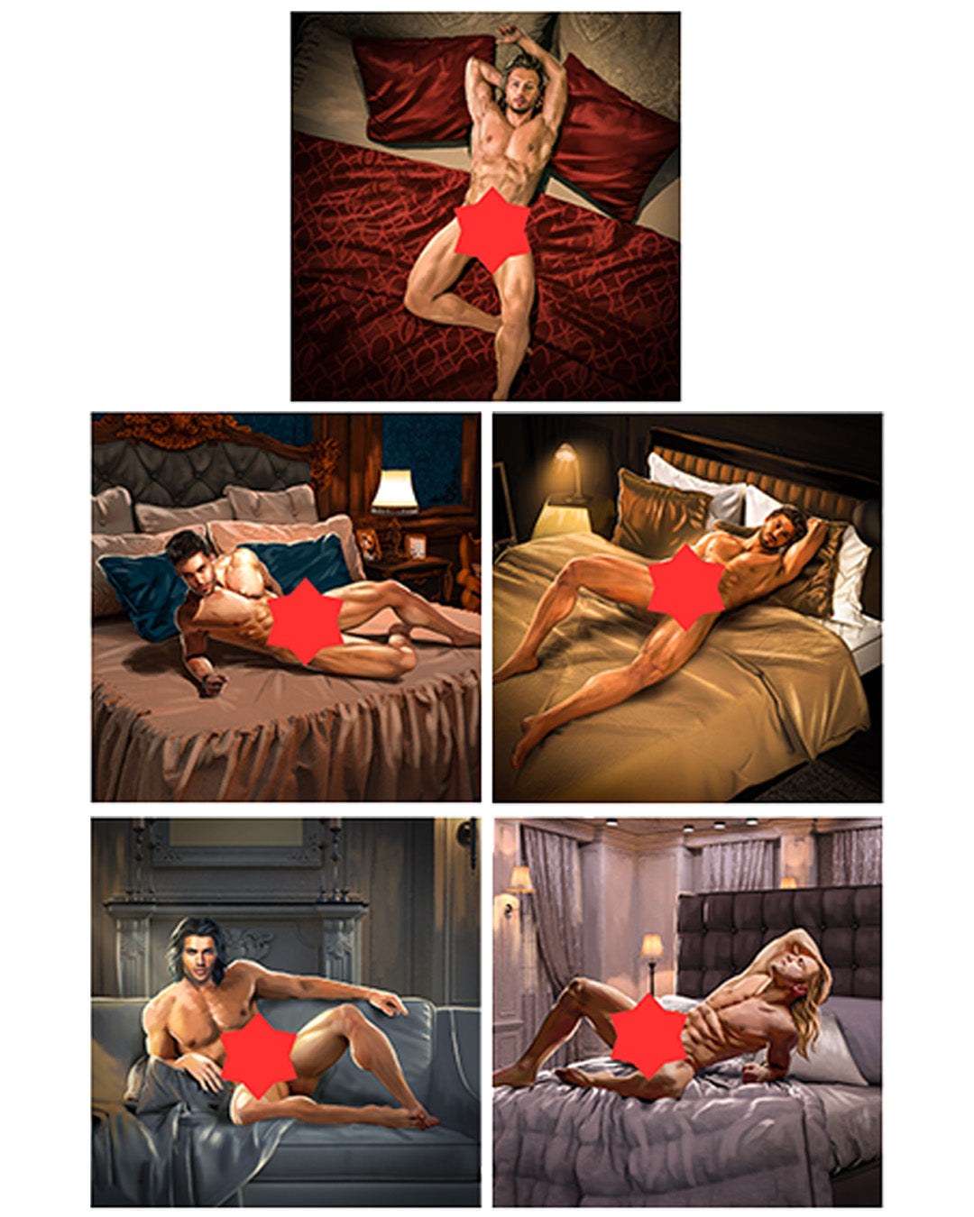 Collage of a man posing in various bedroom settings with red star markers.