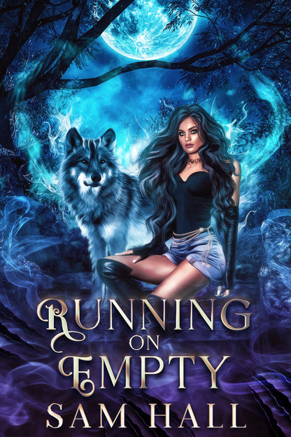 Book cover of 'Running on Empty' featuring a woman and wolf under a moonlit sky.