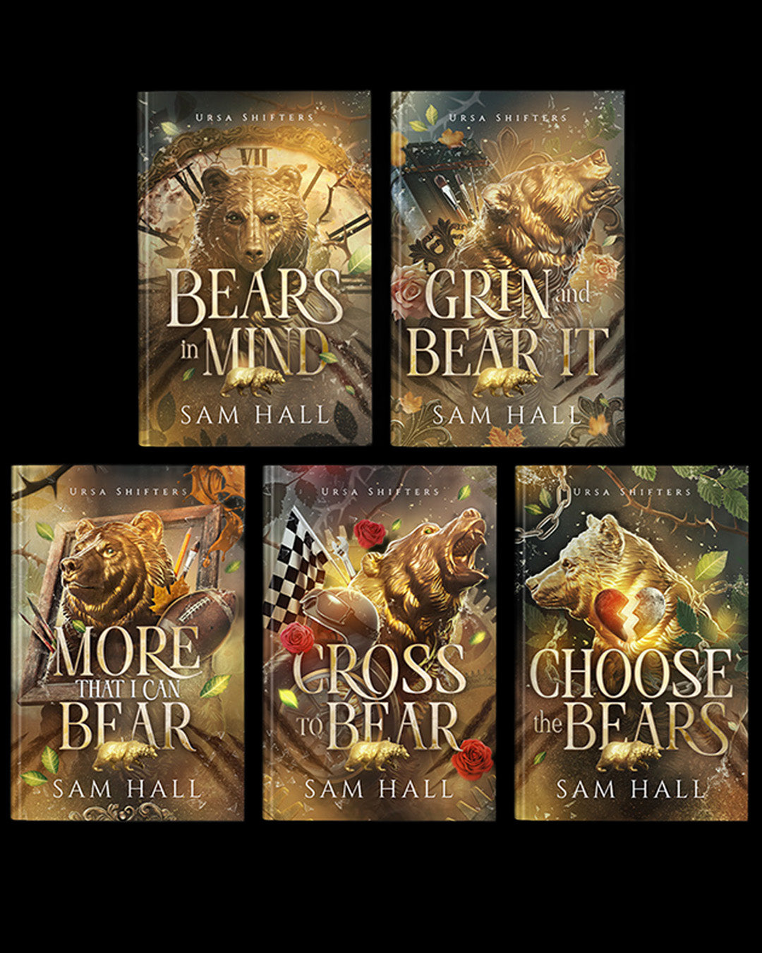 Five book covers of 'Bears in Mind' series by Sam Hall on a black background
