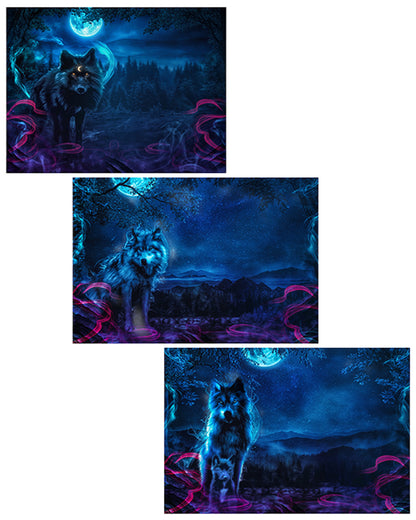 Three panels of a wolf in a fantasy landscape with mountains and a moonlit sky.
