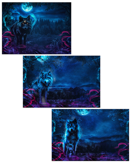 Three panels of a wolf in a fantasy landscape with mountains and a moonlit sky.