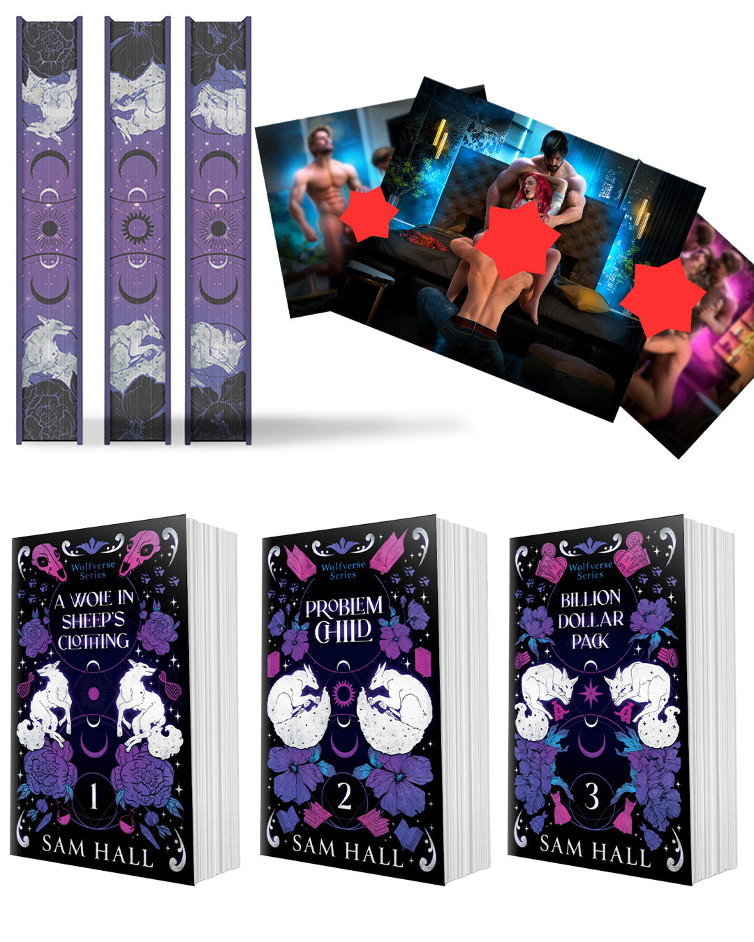 Collection of books with covers featuring fantasy elements and a character on a white background