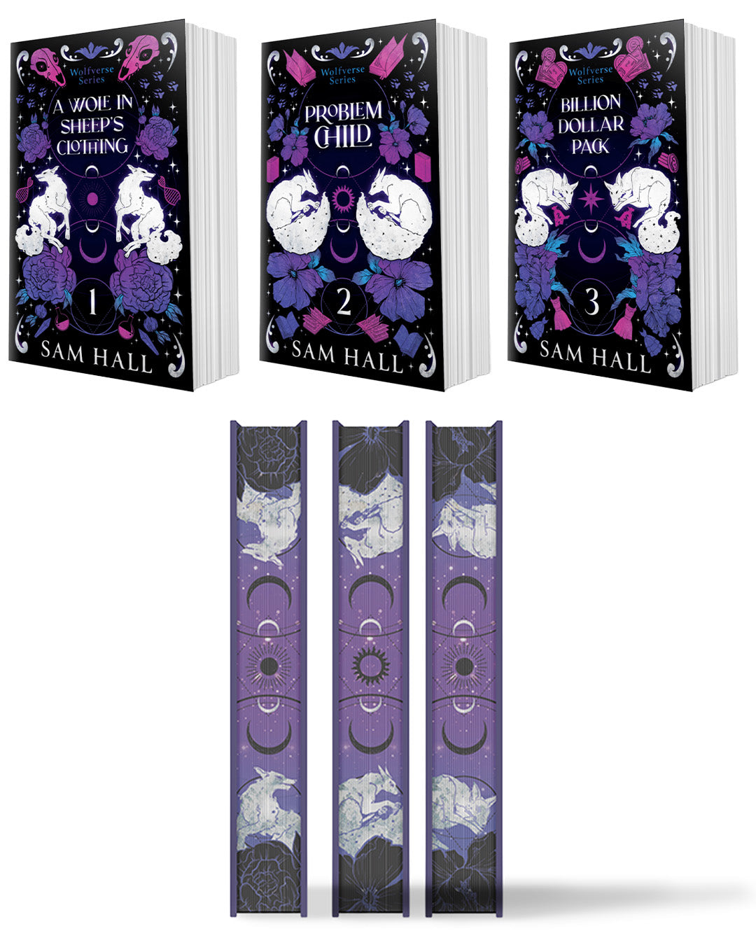 Three books titled 'Wolve in Sheep's Clothing', 'Problem Child', and 'Billion Dollar Pack' by Sam Hall, with purple and black covers featuring sheep and moon symbols.