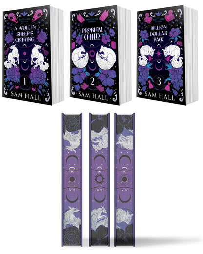 Three books titled 'Wolve in Sheep's Clothing', 'Problem Child', and 'Billion Dollar Pack' by Sam Hall, with purple and black covers featuring sheep and moon symbols.