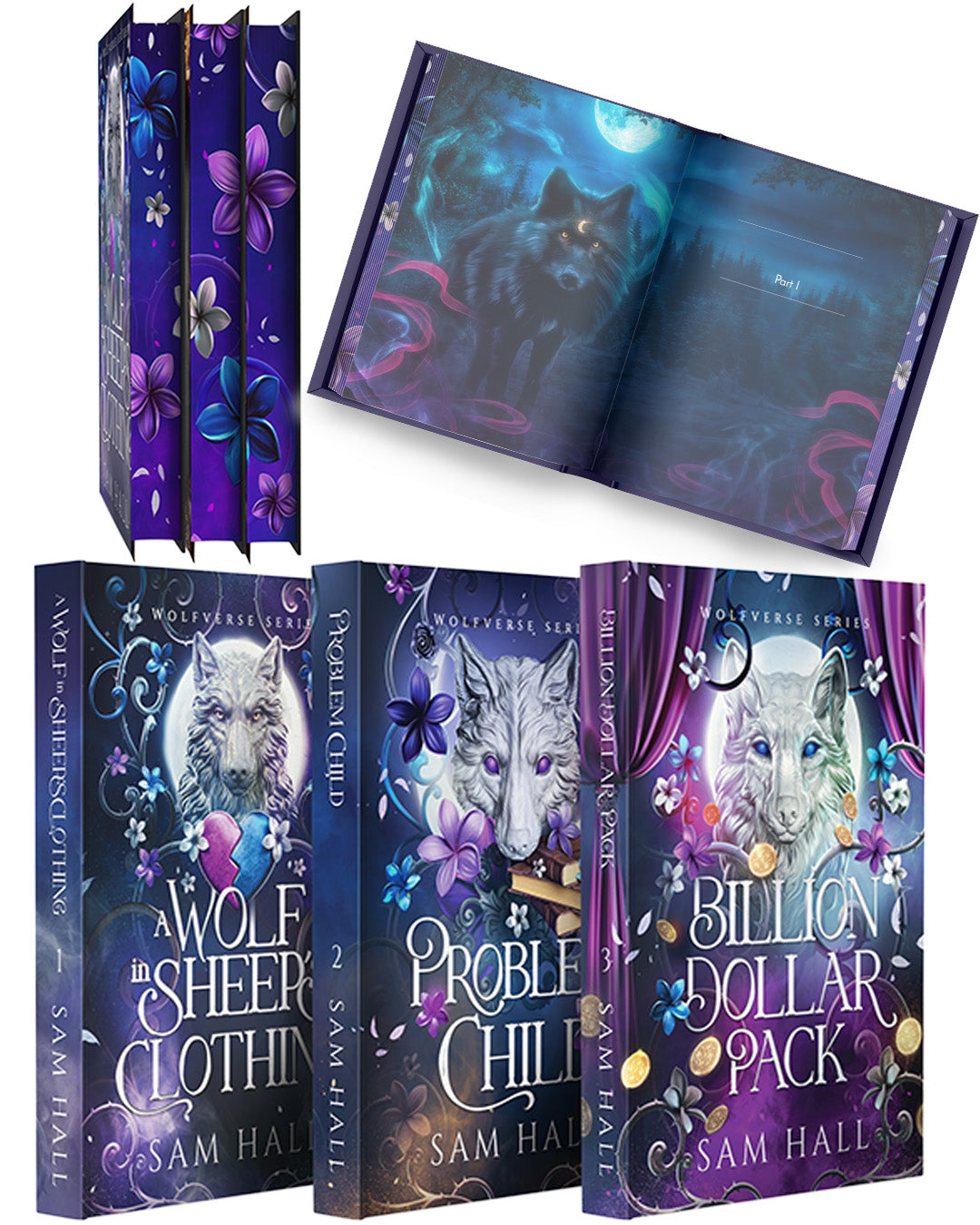 Book series with wolf-themed covers and an open book showing a wolf illustration.