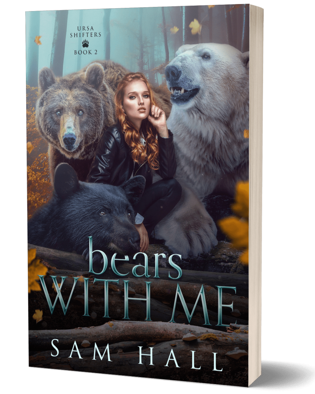 book cover for bears with me by sam hall, featuring a red haired woman and three bears