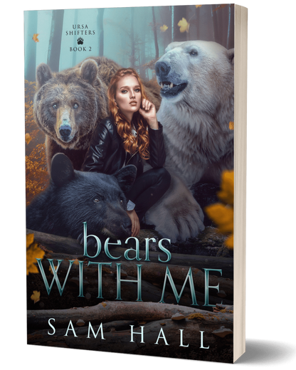 book cover for bears with me by sam hall, featuring a red haired woman and three bears