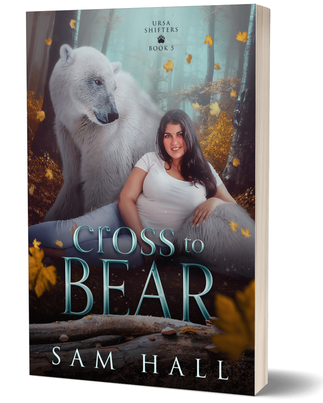 Book cover of 'Cross to Bear' by Sam Hall featuring a woman and a bear in a forest setting.
