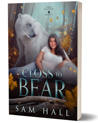 Book cover of 'Cross to Bear' by Sam Hall featuring a woman and a bear in a forest setting.