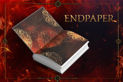 Decorative book with ornate design on endpapers against a fiery background