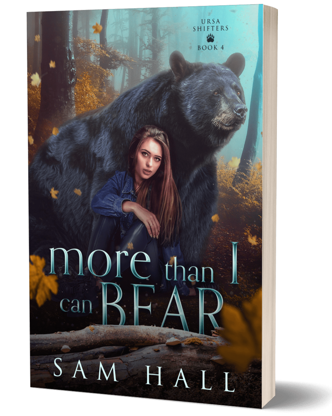 Book cover of 'More Than I Can Bear' by Sam Hall featuring a woman and bear in a forest setting.